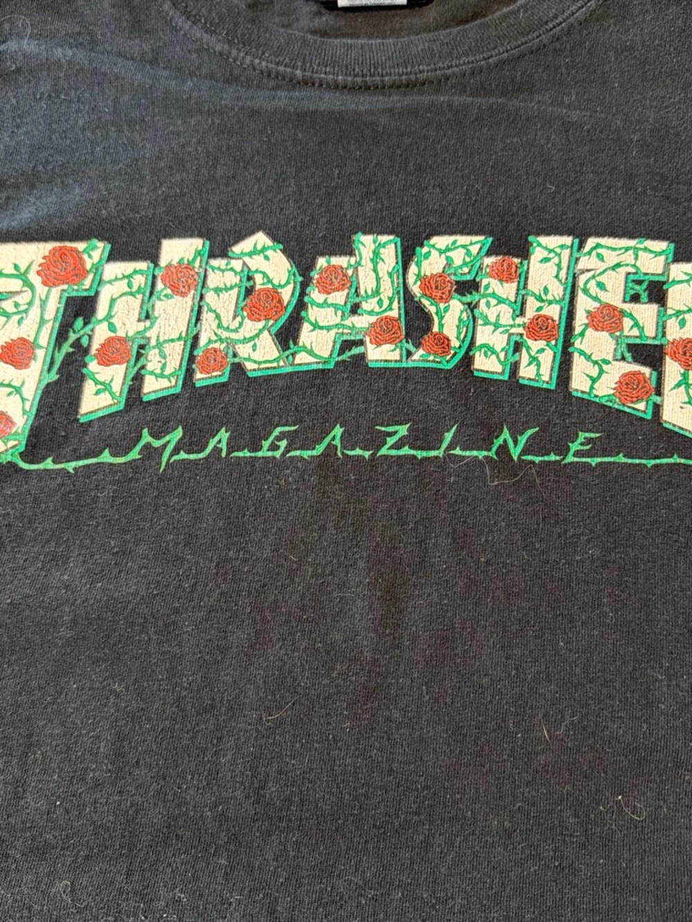 Thrasher Black Tee with Green Rose-Pattern Logo
